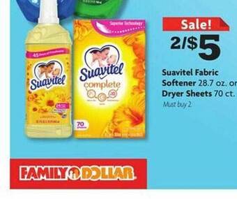 Family Dollar Suavitel fabric softener or dryer sheets offer