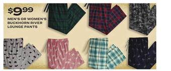 Academy Men's or women's buckhorn river lounge pants offer