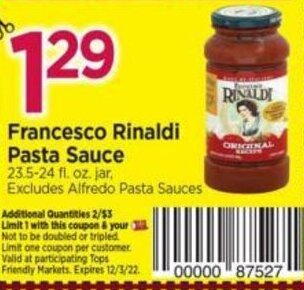 Tops Francesco Rinaldi Pasta Sauce offer