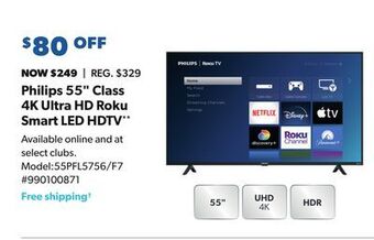 Sam's Club Philips 55" class 4k ultra hd roku smart led hdtv offer