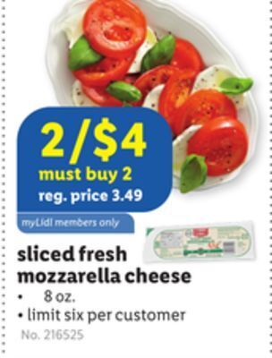 Lidl Sliced fresh mozzarella cheese offer