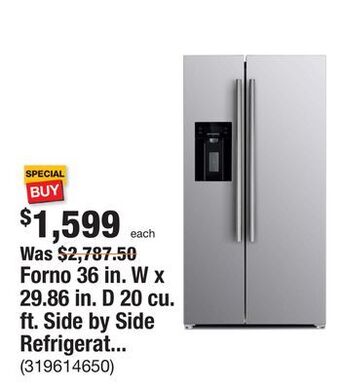 The Home Depot Forno 36 in. w x 29.86 in. d 20 cu. ft. side by side refrigerator in stainless steel with ice maker offer