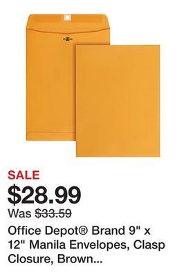 Office Depot Office depot® brand 9" x 12" manila envelopes, clasp closure, brown kraft, box of 100 offer