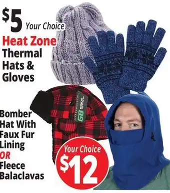 Ocean State Job Lot Heat zone thermal hats & gloves, bomber hat with faux fur lining or fleece balaclavas offer