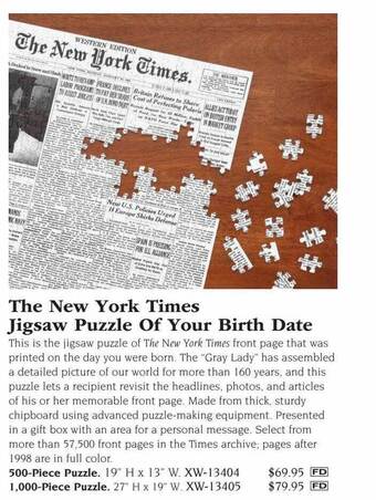 Hammacher Schlemmer The new york times jigsaw puzzle of your birth date offer