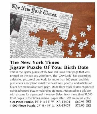 Hammacher Schlemmer The new york times jigsaw puzzle of your birth date offer