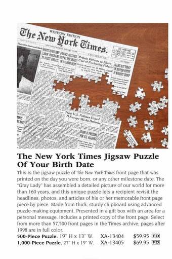 Hammacher Schlemmer The new york times jigsaw puzzle of your birth date offer