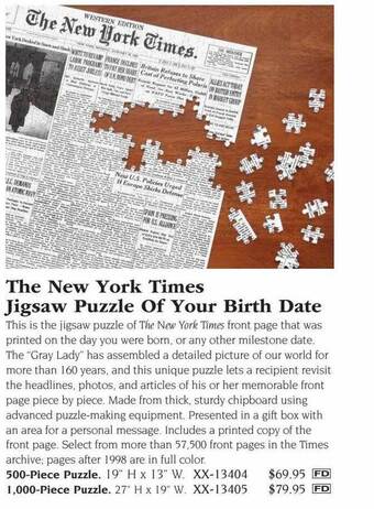 Hammacher Schlemmer The new york times jigsaw puzzle of your birth date offer