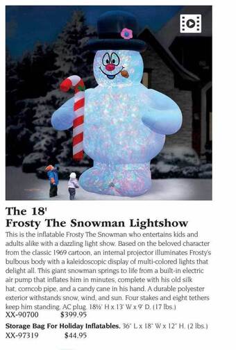 Hammacher Schlemmer The 18' frosty the snowman lightshow offer
