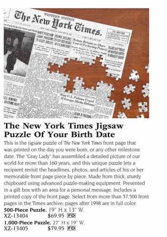 Hammacher Schlemmer The new york times jigsaw puzzle of your birth date offer