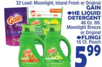Bravo Supermarkets Gain he liquid detergent 46 oz. btl. flings 16 ct. pouch offer