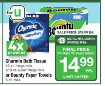 ACME Charmin bath tissue 12 ct. mega rolls or 8 ct. super mega rolls or bounty paper towels 6 ct. rolls offer