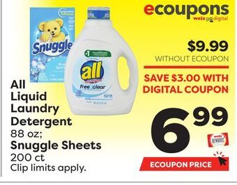 Weis Markets All liquid laundry detergent 88 oz snuggle sheets 200 ct offer