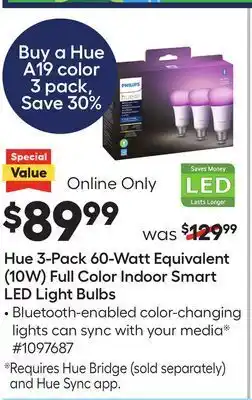 Lowe's Hue 3-pack 60-watt equivalent (10w) full color indoor smart led light bulbs offer