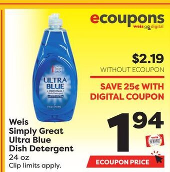 Weis Markets Weis simply great ultra blue dish detergent offer