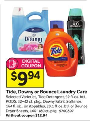 Stop&Shop Tide, downy or bounce laundry care offer