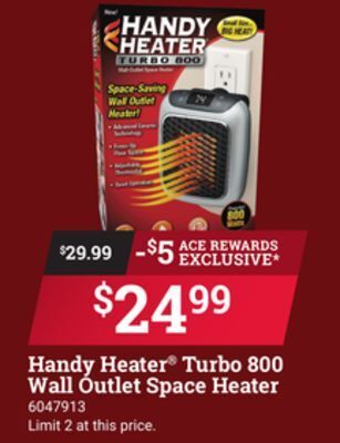 Ace Hardware Handy heater® turbo 800 wall outlet space heater offer