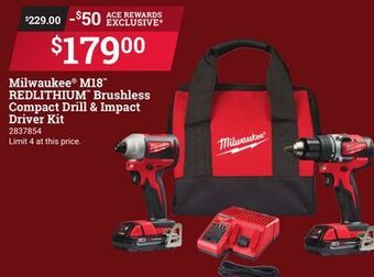 Ace Hardware Milwaukee® m18™ redlithium™ brushless compact drill & impact driver kit offer