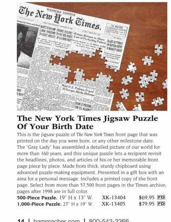Hammacher Schlemmer The new york times jigsaw puzzle of your birth date offer