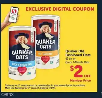 Safeway Quaker old fashioned oats offer