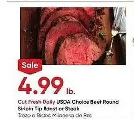 Stater Bros Usda choice beef round sirloin tip roast or steak offer