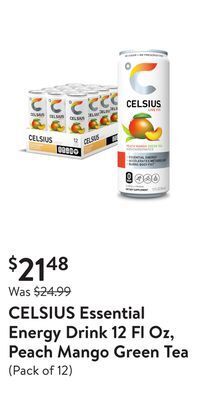 Walmart Celsius essential energy drink 12 fl oz, peach mango green tea offer