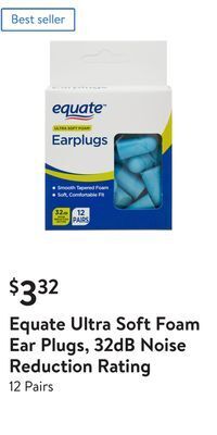 Walmart Equate ultra soft foam ear plugs, 32db noise reduction rating offer