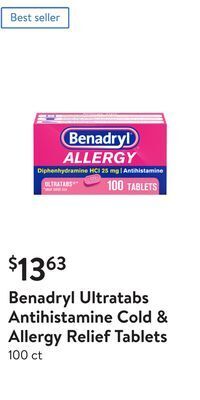 Walmart Benadryl ultratabs antihistamine cold & allergy relief tablets offer