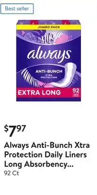 Walmart Always anti-bunch xtra protection daily liners long absorbency unscented offer