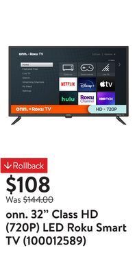 Walmart Onn. 32" class hd (720p) led roku smart tv (100012589) offer