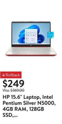 Walmart Hp 15.6" laptop, intel pentium silver n5000, 4gb ram, 128gb ssd, windows 10 home with office , scarlet red, 15-dw0083wm offer