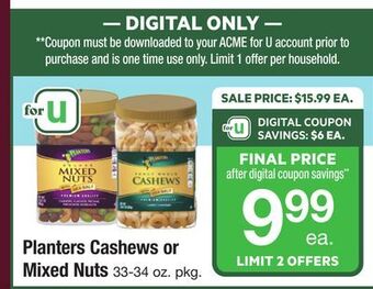 ACME Planters cashews or mixed nuts offer