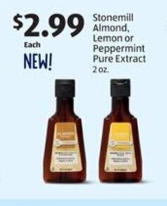 Aldi Stonemill Almond, Lemon or Peppermint Pure Extract 2 oz. offer