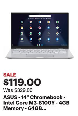 Best Buy Asus - 14" chromebook - intel core m3-8100y - 4gb memory - 64gb emmc - silver offer