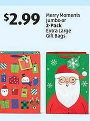 Aldi Merry moments jumbo or 2-pack extra large gift bags offer