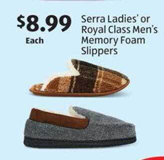Aldi Serra ladies' or royal class men's memory foam slippers offer