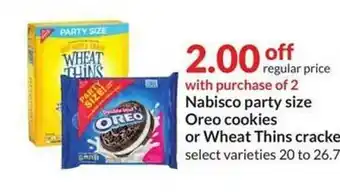 Hy-Vee Nabisco party size oreo cookies or wheat thins crackers offer