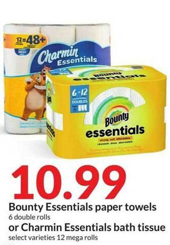 Hy-Vee Bounty essentials paper towels or charmin essentials bath tissue offer