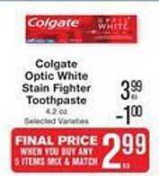 Price Chopper Colgate optic white stain fighter toothpaste offer