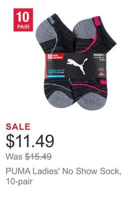 Costco Puma ladies' no show sock, 10-pair offer