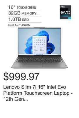 Costco Lenovo slim 7i 16" intel evo platform touchscreen laptop - 12th gen intel core i7-12700h - intel arc a370m graphics - 144hz - offer