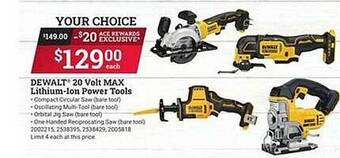 Ace Hardware Dewalt 20 volt max lithium-ion power tools offer