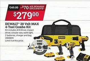 Ace Hardware Dewalt 20 volt max 4-tool combo kit offer