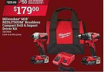Ace Hardware Milwaukee m18 redlithium brushless compact drill & impact driver kit offer