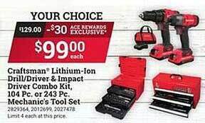 Ace Hardware Craftsman lithium-ion drill-driver & impact driver combo kit, 104 pc. or 243 pc. mechanic's tool set offer
