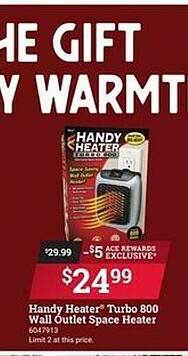 Ace Hardware Handy heater turbo 800 wall outlet space heater offer