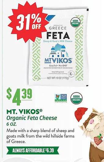 Natural Grocers Mt. vikos organic feta cheese offer