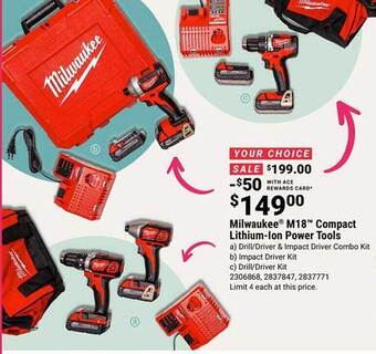 Ace Hardware Milwaukee m18 compact lithium-ion power tools offer
