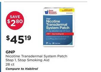 Good Neighbor Pharmacy Gnp nicotine transdermal system patch step 1, stop smoking aid offer