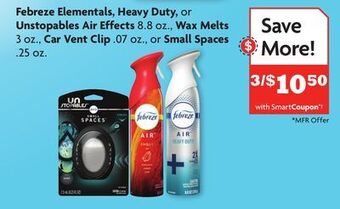 Family Dollar Febreze elementals, heavy duty, or unstopables air effects 8.8 oz., wax melts 3 oz., car vent clip. 07 oz., or small spaces. offer